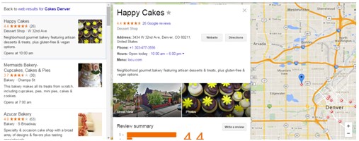 local search result for cakes denver